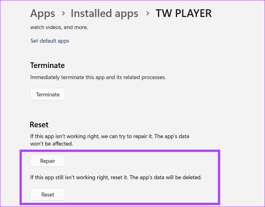 9 repair or reset the TW Player app