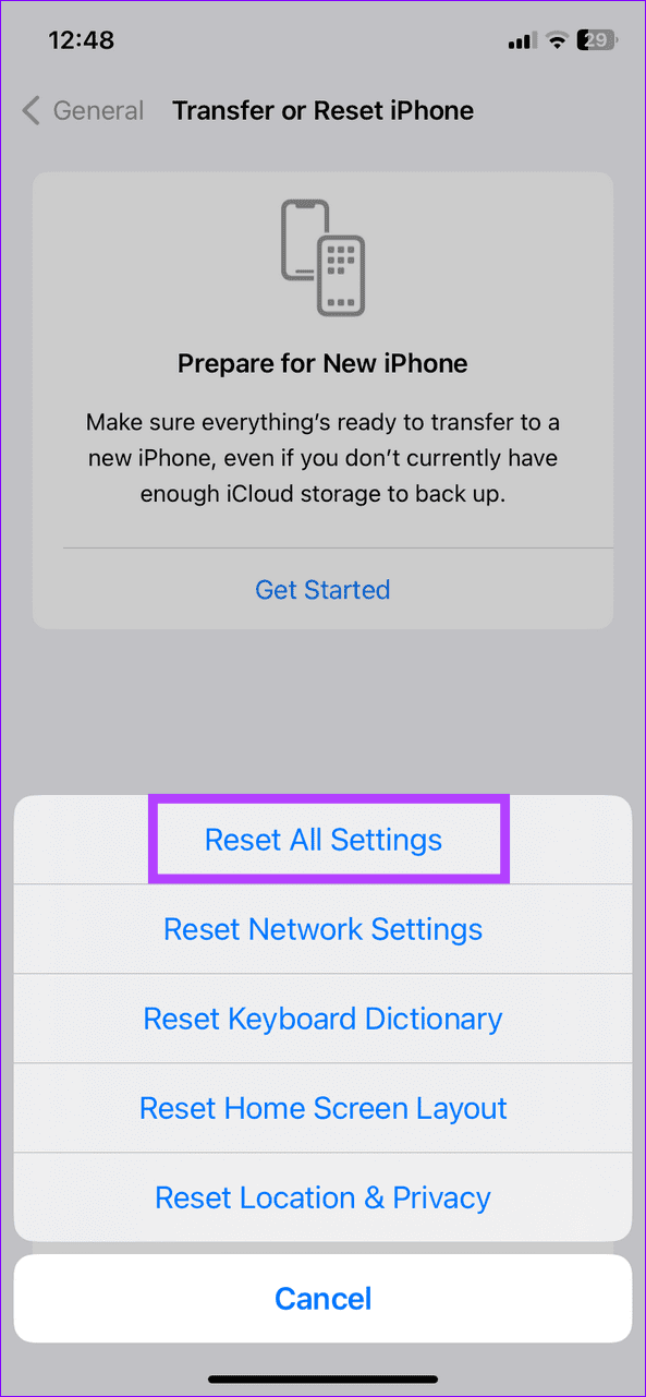 9 select Reset All Settings