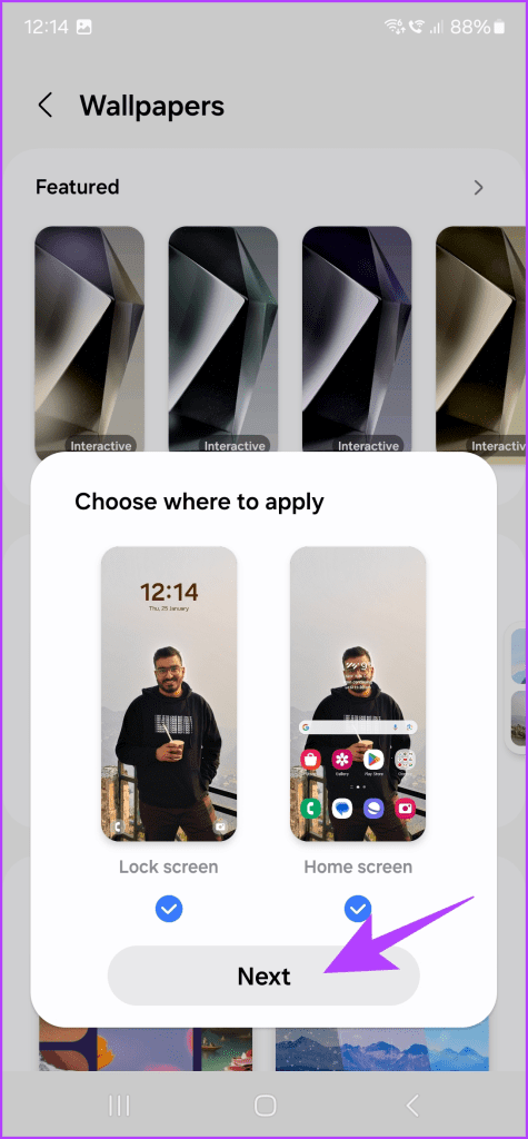 9.5 Choose whether to apply the wallpaper to the lockscreen homescreen or both and then tap on Next