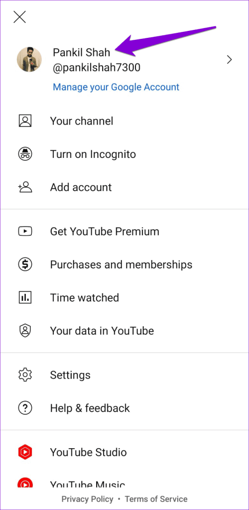 Account in YouTube for Mobile
