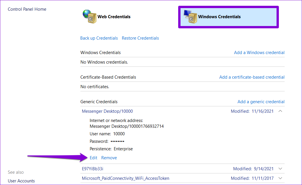 Accounts in Windows Credentials
