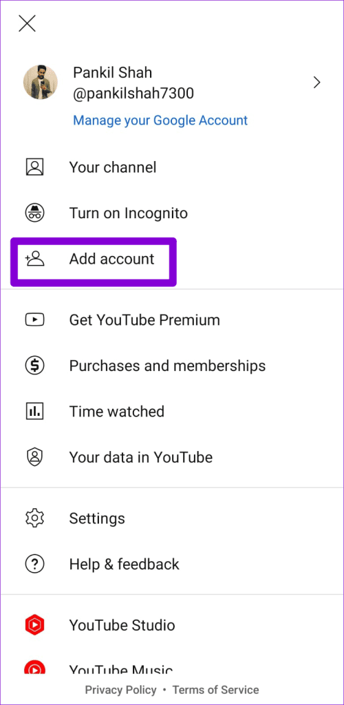 Add Account in YouTube for Mobile