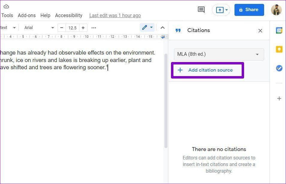 Add Citation Source in Google Docs