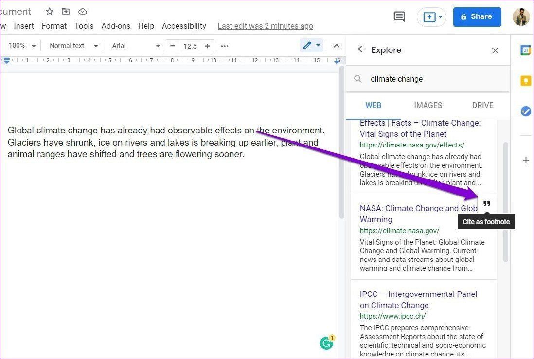 Add Citations Using Explore Tool in Google Docs