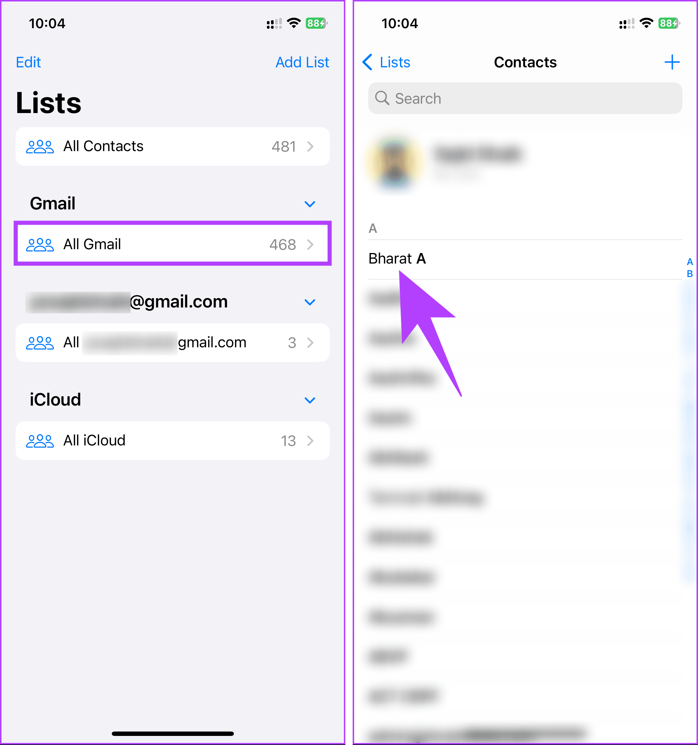 Scroll through the contacts list 