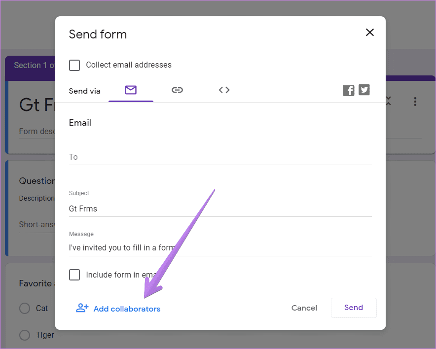 Add Google form collaborators from send option
