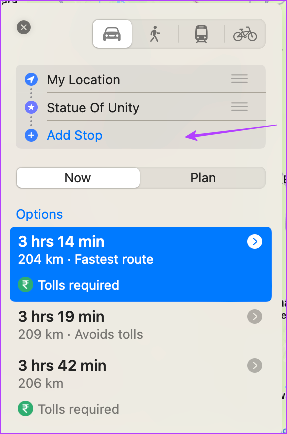 Haga clic en Agregar parada para crear una parada en Apple Maps en Mac