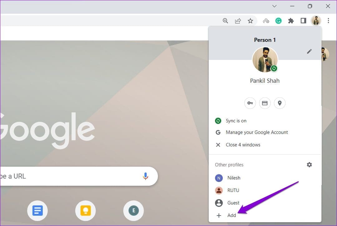 Click on Add to create new account in Chrome