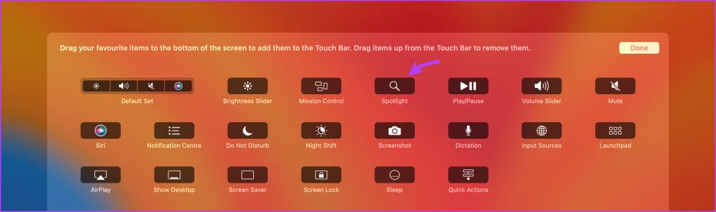 Drag Spotlight icon to Touchbar