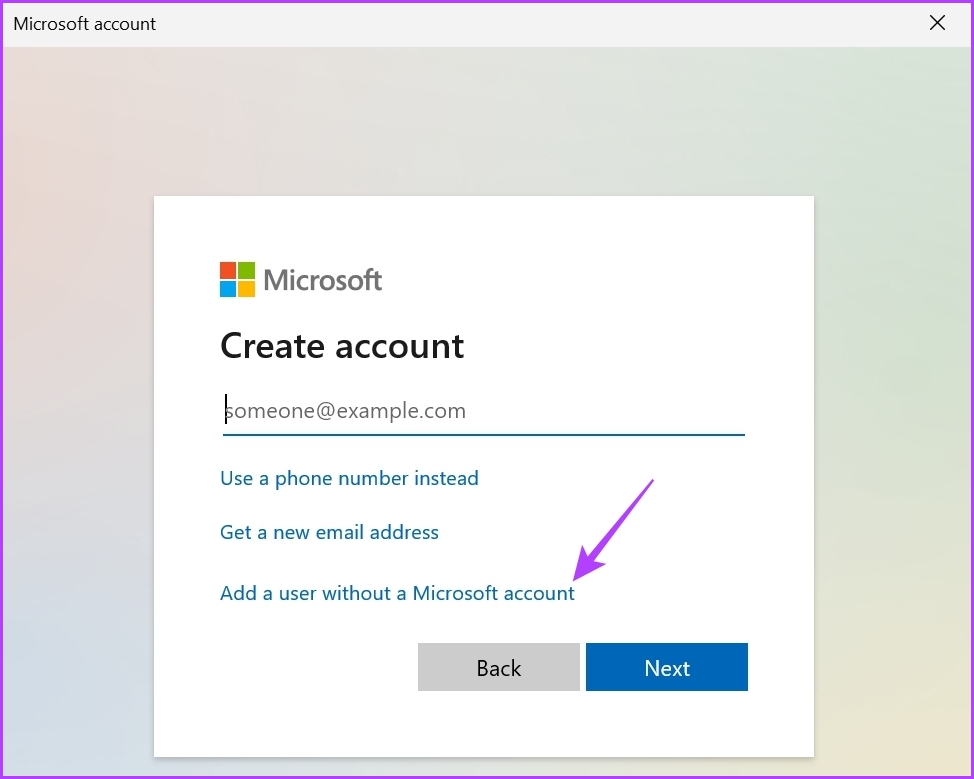 Add a user without a Microsoft account option in Settings