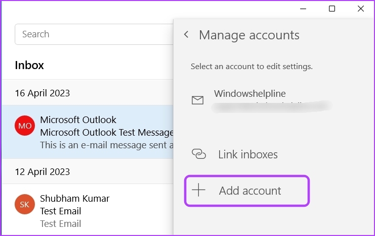Add account option in the Mail app