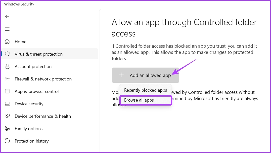 Add an allowed app button in Windows Security