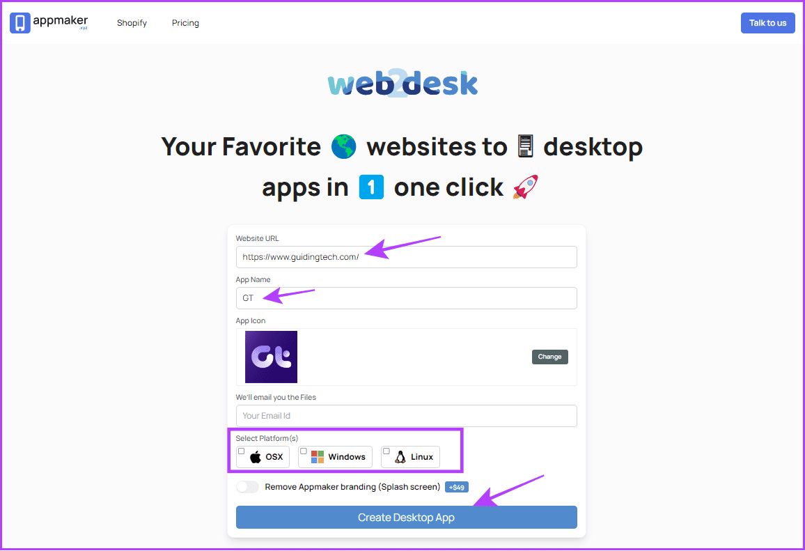 Add link name choose platform and hit Create desktop app