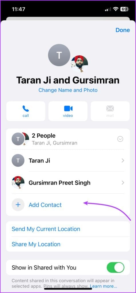 Select Add Contact to add new members into the group