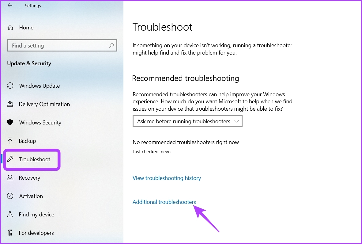 Additional Troubleshooters option in Settings