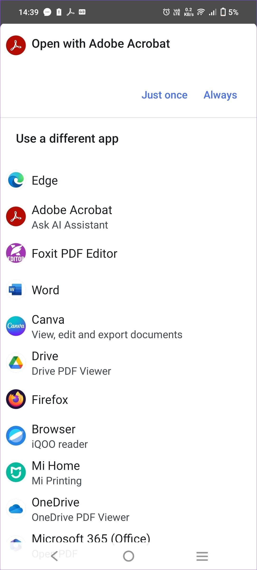 Adobe Acrobat Tap Always Default App