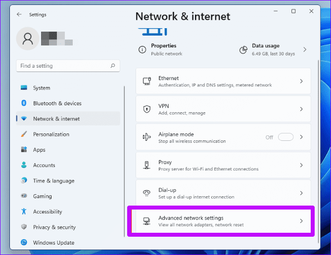 Advanced network settings W11