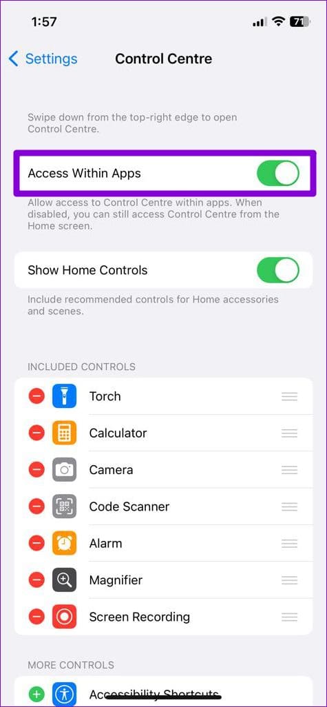 Allow Control Center Access Within Apps