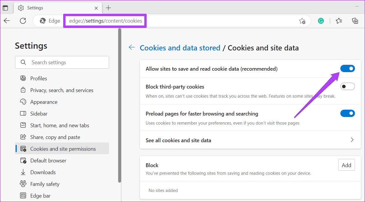 Allow Cookies in Edge 