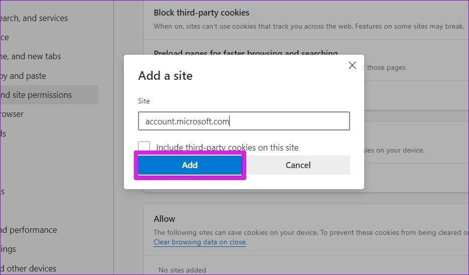 Allow Microsoft Site to Save Cookies