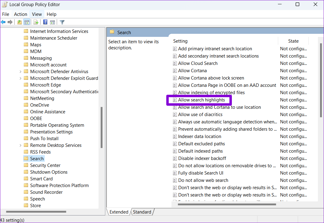 Allow Search Highlights in Group Policy
