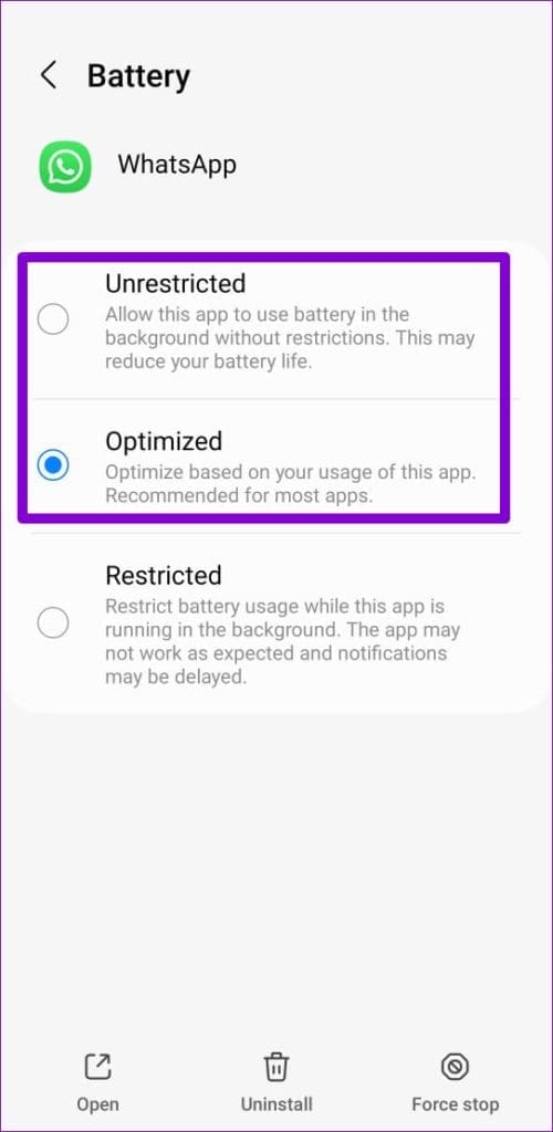Allow Unrestricted Battery Usage to WhatsApp