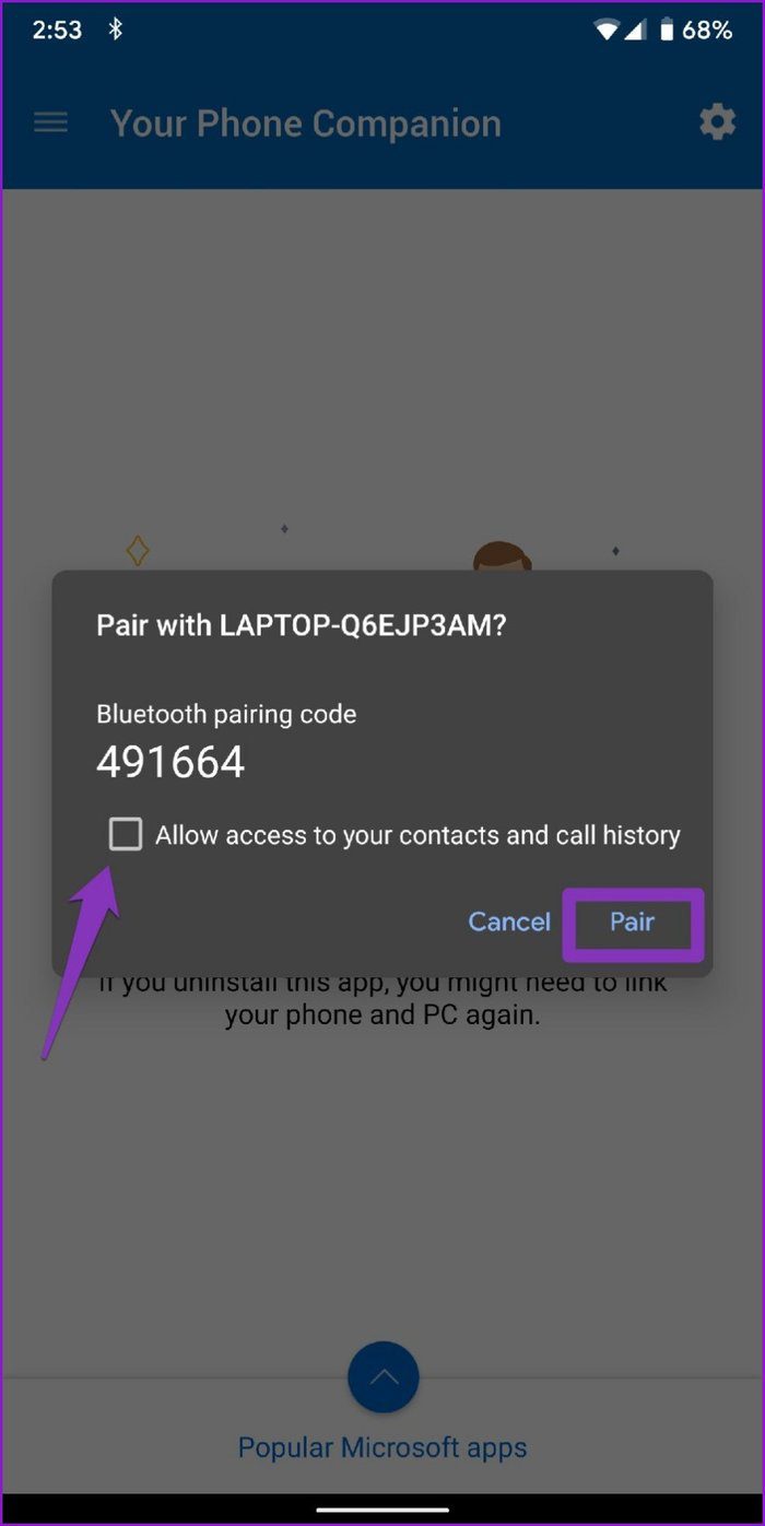 Allow access and Pair with Your Phone app