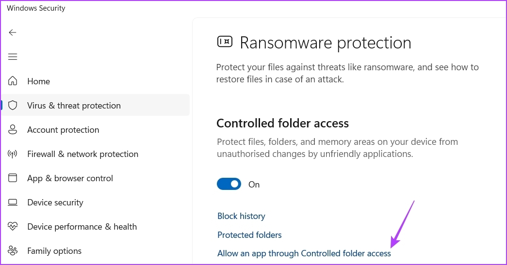 Allow an app through Controlled folder access option in Windows Security