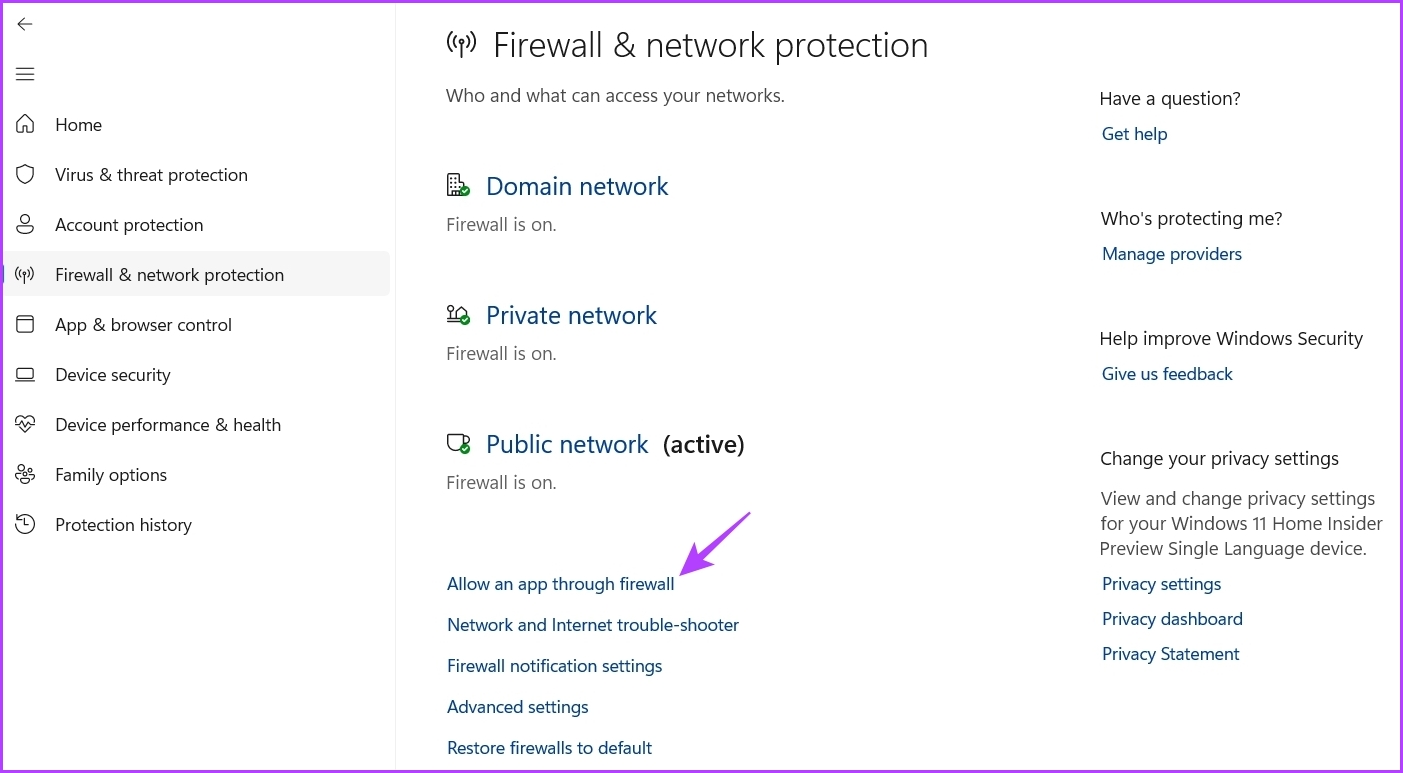 Allow an app through Firewall option in Windows Security