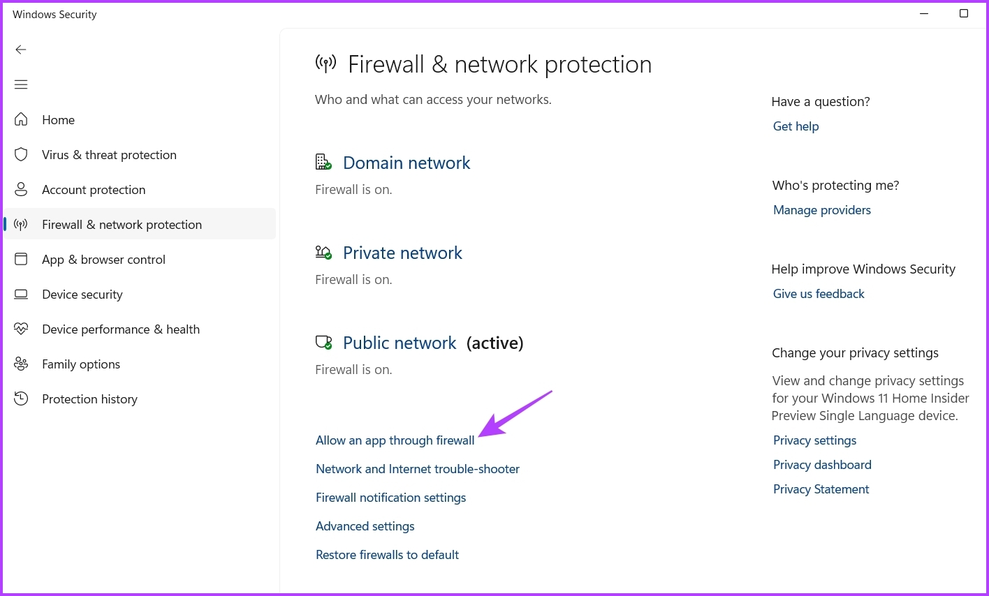 Allow an app through firewall option in Windows Security
