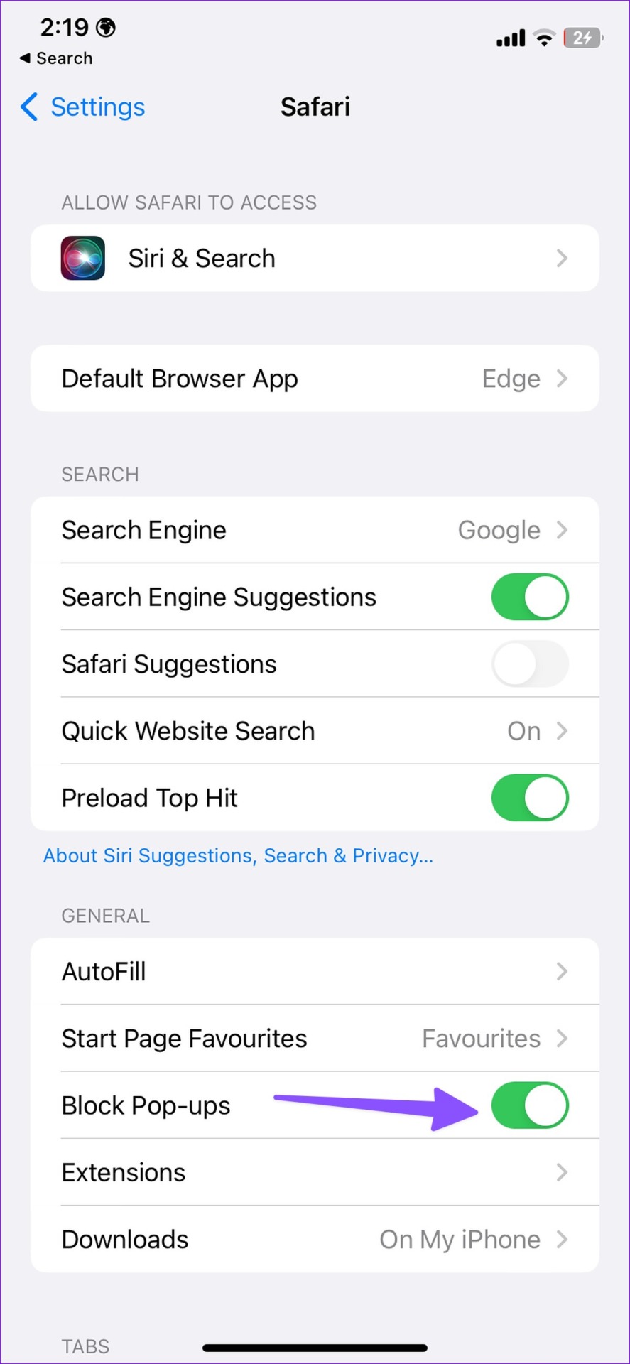 Enable pop-ups in Safari for iPhone