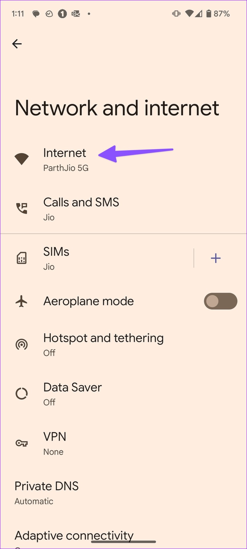 Select internet on Android
