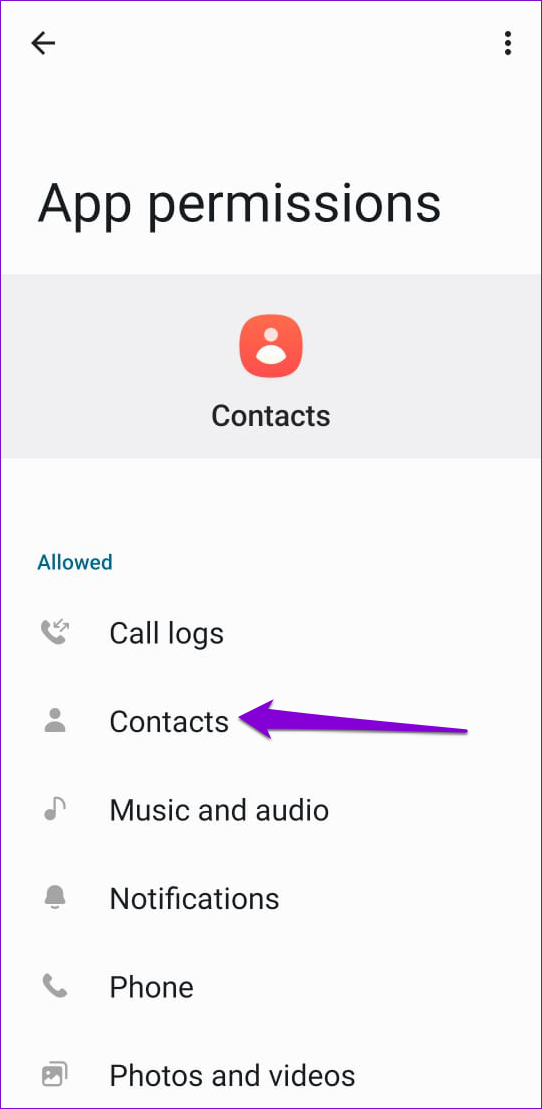 App Permissions for Samsung Contacts App
