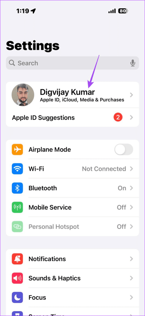 Apple ID at the top of the iPhone Settings