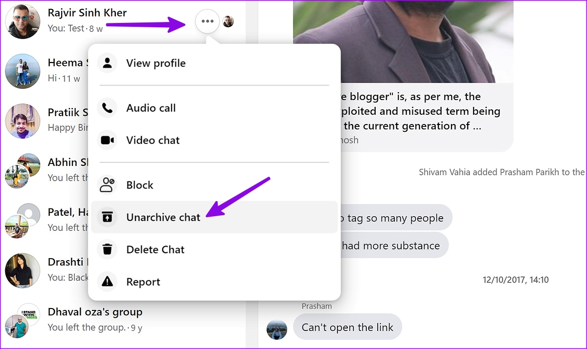 unarchive chat on Facebook Messenger