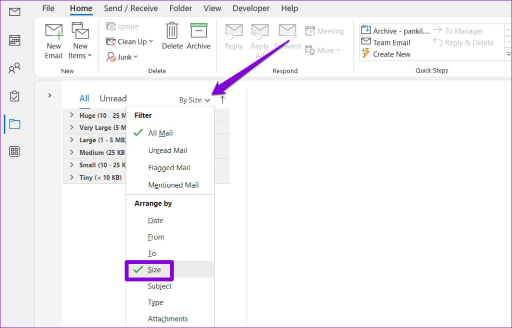 Arrange Emails by Size in Outlook