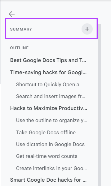Click + to auto generate Google Docs summary 