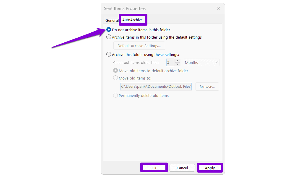 AutoArchive Settings in Outlook