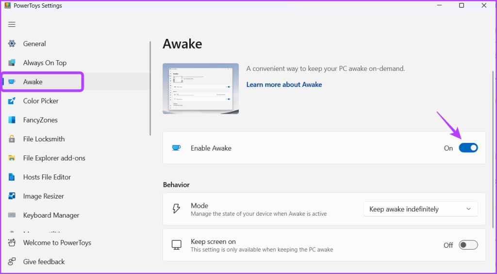 Awake option in Microsoft PowerToys
