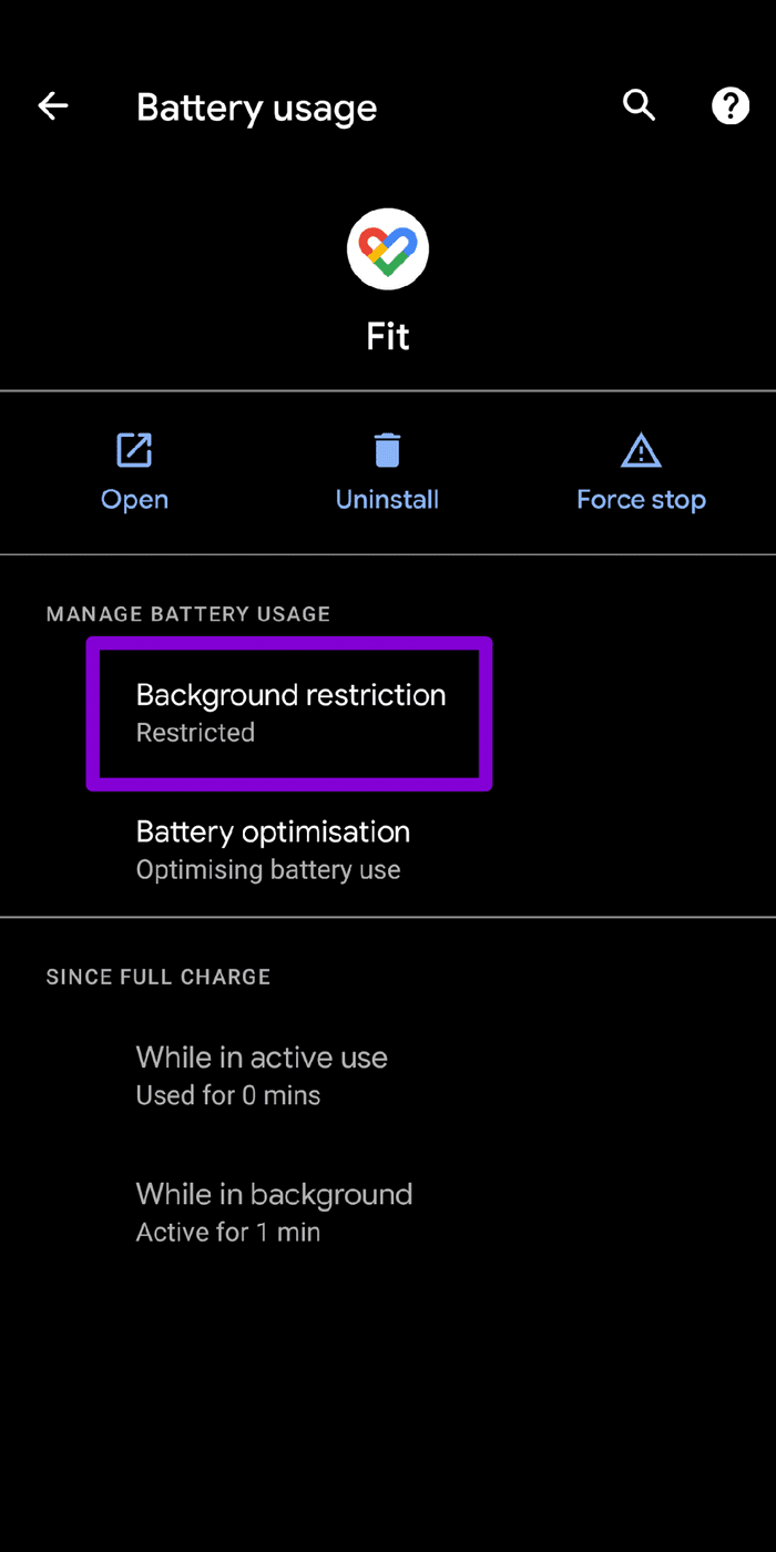 Background Restriction on battery usage settings