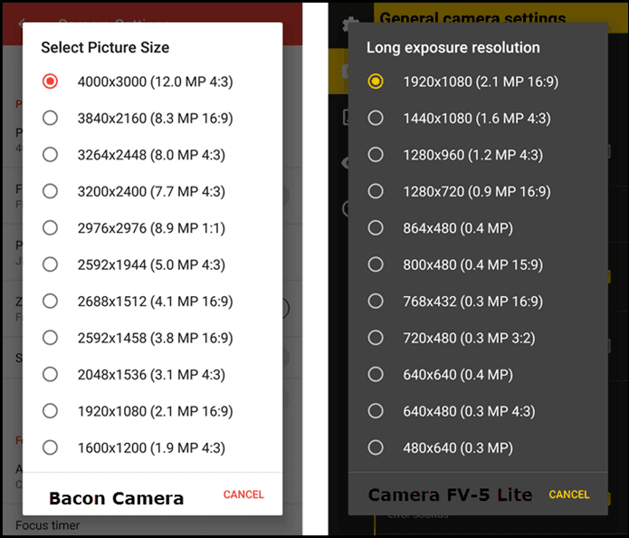 Bacon Camera Vs Camera Fv5 Lite Image Resolutions