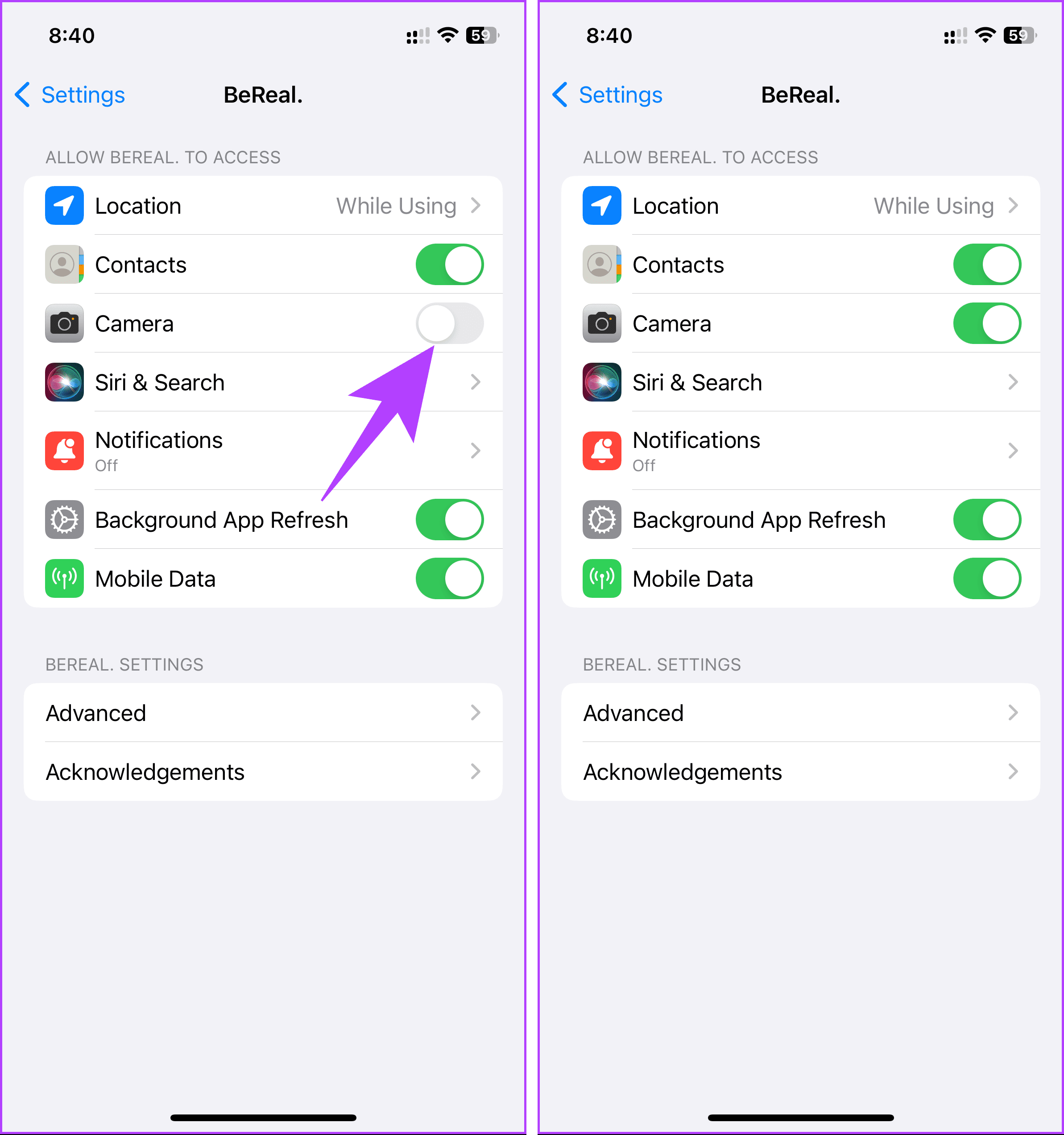 toggle on the Camera in the app settings