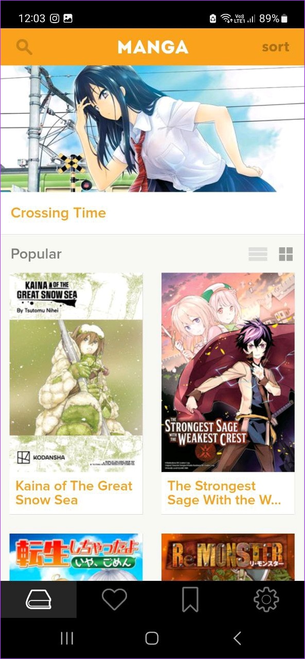 Crunchyroll Manga Android app homepage