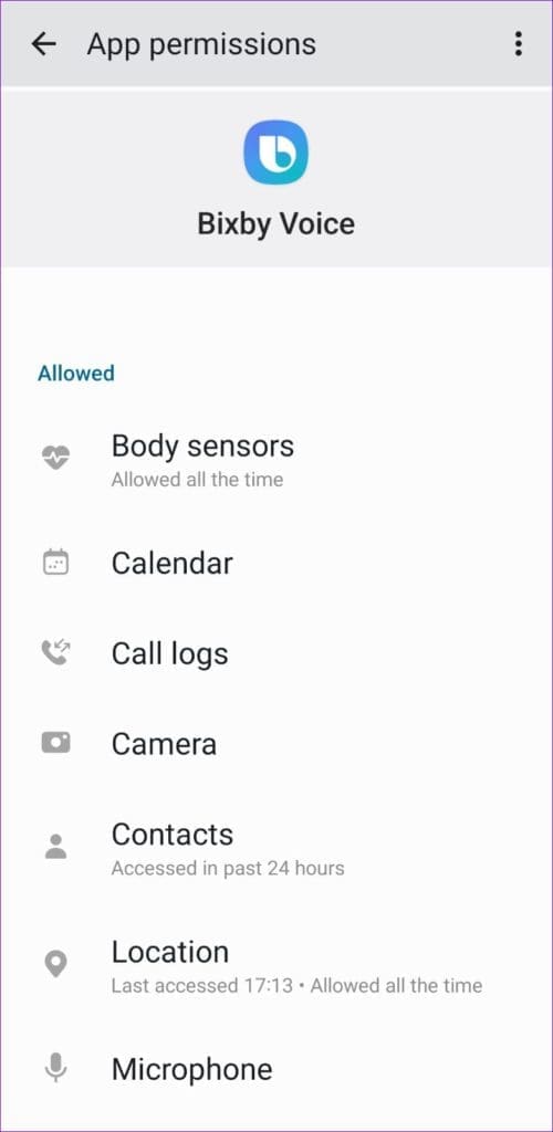 Bixby App Permissions on Samsung Phone