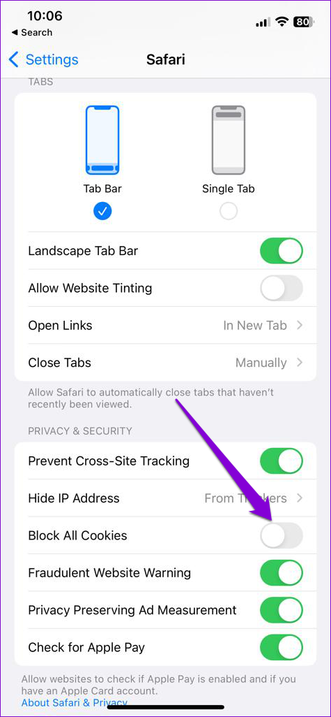 Block All Cookies in Safari