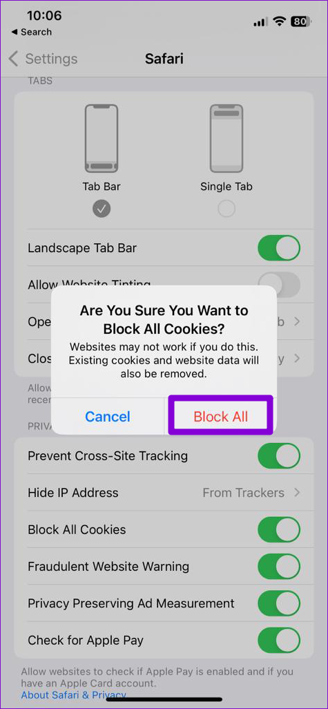 Block Cookies in Safari