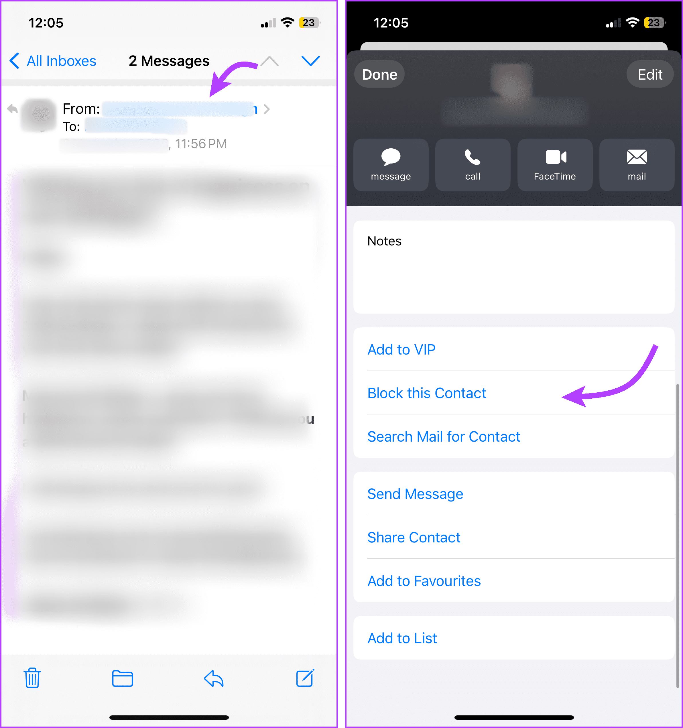 Block an email ID from the Mail app 
