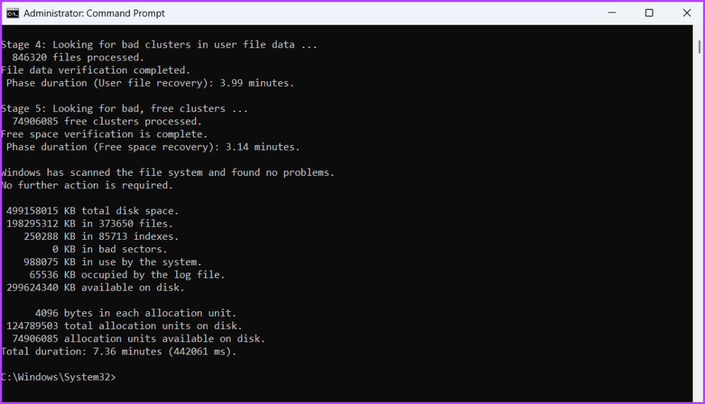 CHKDSK command complete in Command Prompt