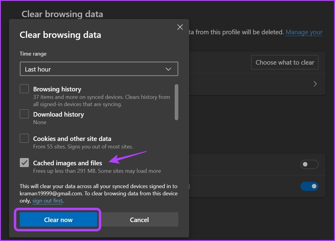 Cached images and files option in Edge settings