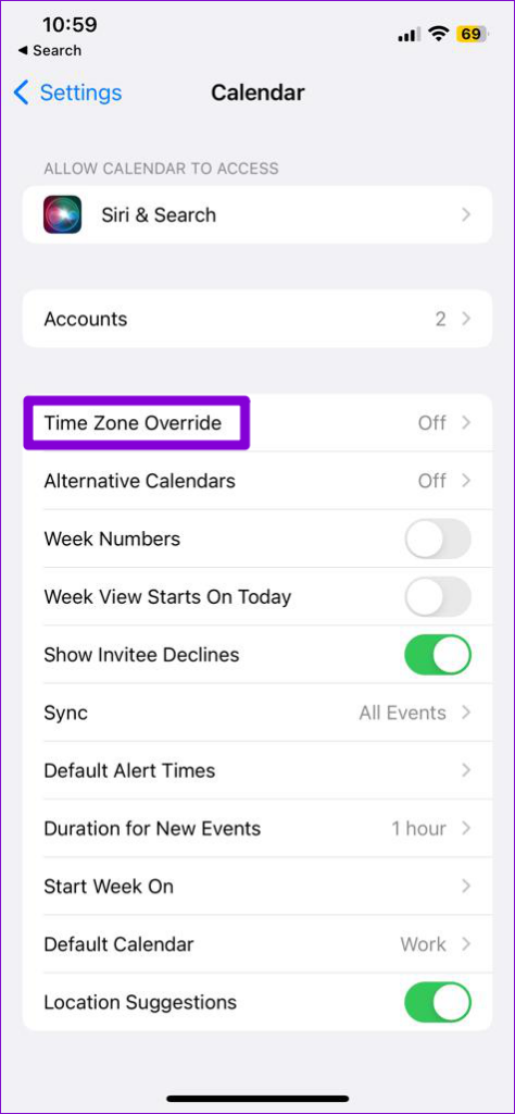 Calendar App Settings on iPhone